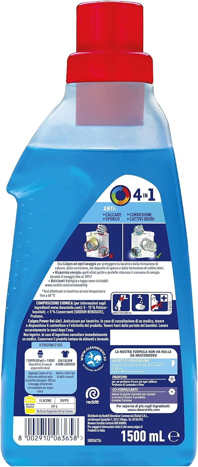 Calgon Power Gel Anticalcare Lavatrice 4 in 1, Anticalcare per Lavatrici, 5 Confezioni da 2x1.5l di Additivo per una Protezione da Calcare, Corrosione, Sporco e Cattivi Odori