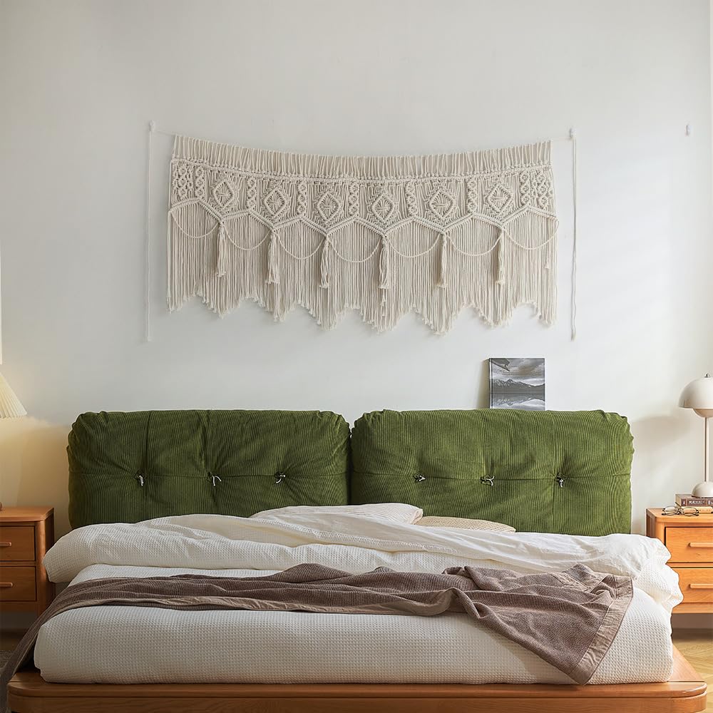 Rideaux en macramé beige bohème avec pompons tissés à la main - Rideau de porte de cuisine moderne pour balcon et suspension murale