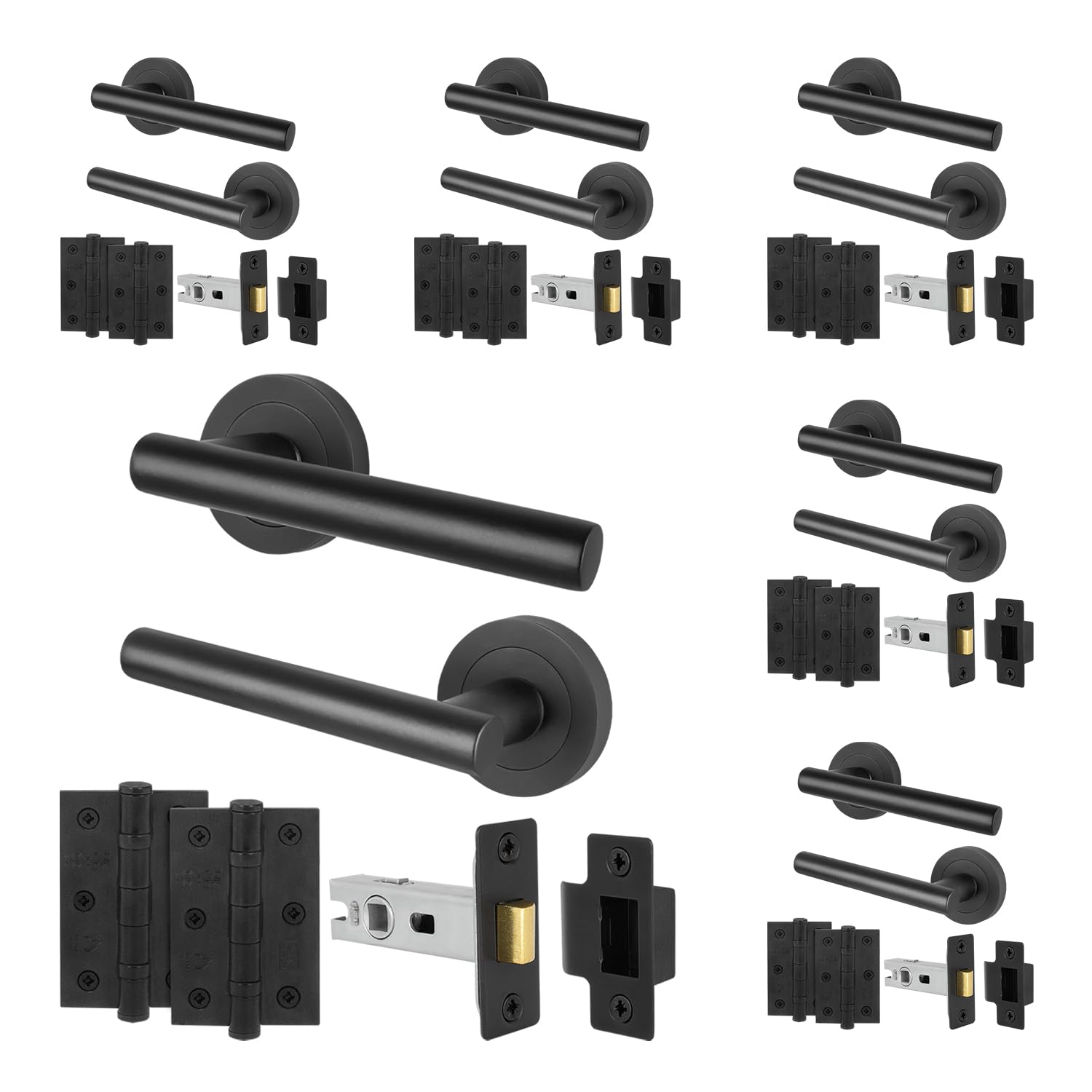 EAI Black Door Handles Latch Set, 6 Pairs of Internal Matt T-Bar Round Rose Handles, Latch 64mm, Hinges 64mm - Oliena Range