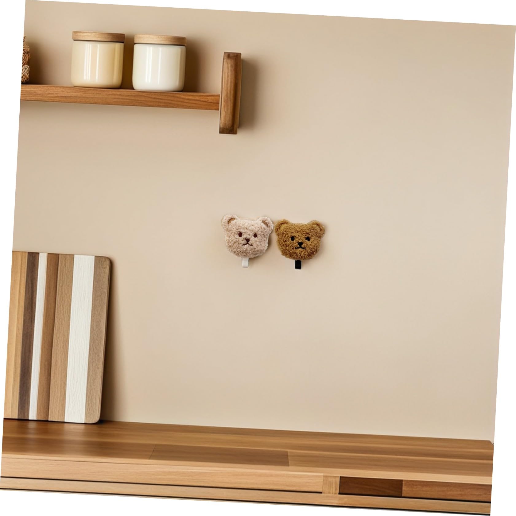 HANABASS Ganci Adesivi da Parete Orsetto 2 Pezzi in Peluche e Legno per Chiavi e Cappelli senza Fori per Porta e Bagno