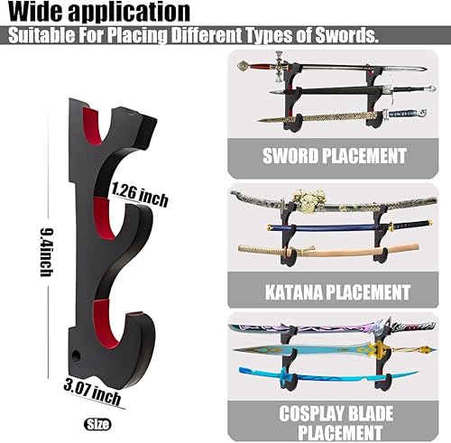 Miniatura 3 de Soporte de espada de 3 niveles, soporte de madera para katana, soporte de pared para espada samurái, soporte de pared para espada de cosplay, sable