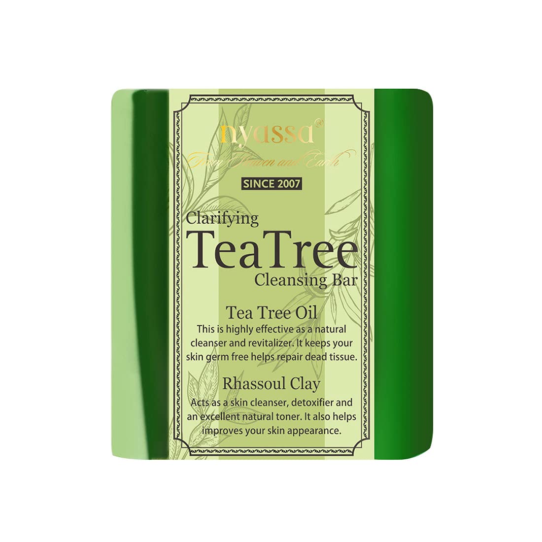 NyassaClarifying Teatree cleansing bar. Handmade soap from India with a crisp fresh fragrance and natural ingredients like Teatree oil and Rhassoul clay. No Paraben, Cruelty Free (75gm)