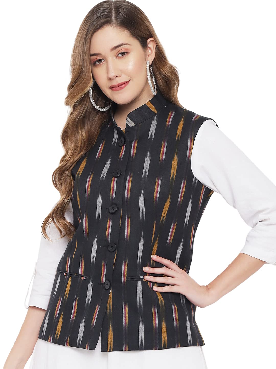 vastraa fusion Womens Ikat Printed Cotton Nehru Jacket-picture-1