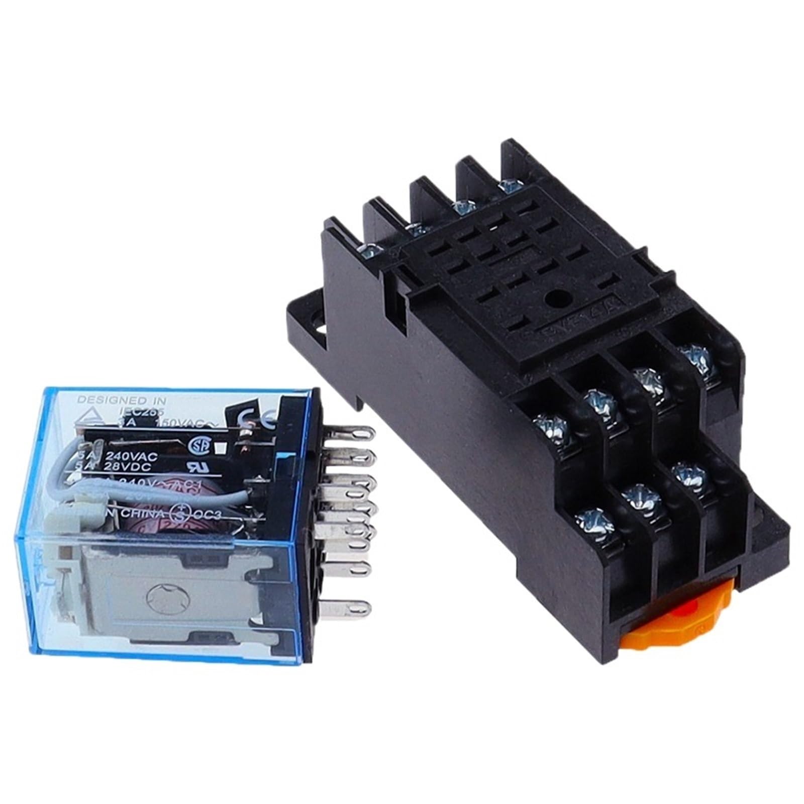 Juego de 10 relés de potencia con indicador LED, CC, 12 V, CA, 12 V, CC, 24 V, CA, 24 V, bobina de 5 A, 4 NO, 4 NC, riel DIN, relé de tiempo de 14 pines con base de zócalo(AC,380V)