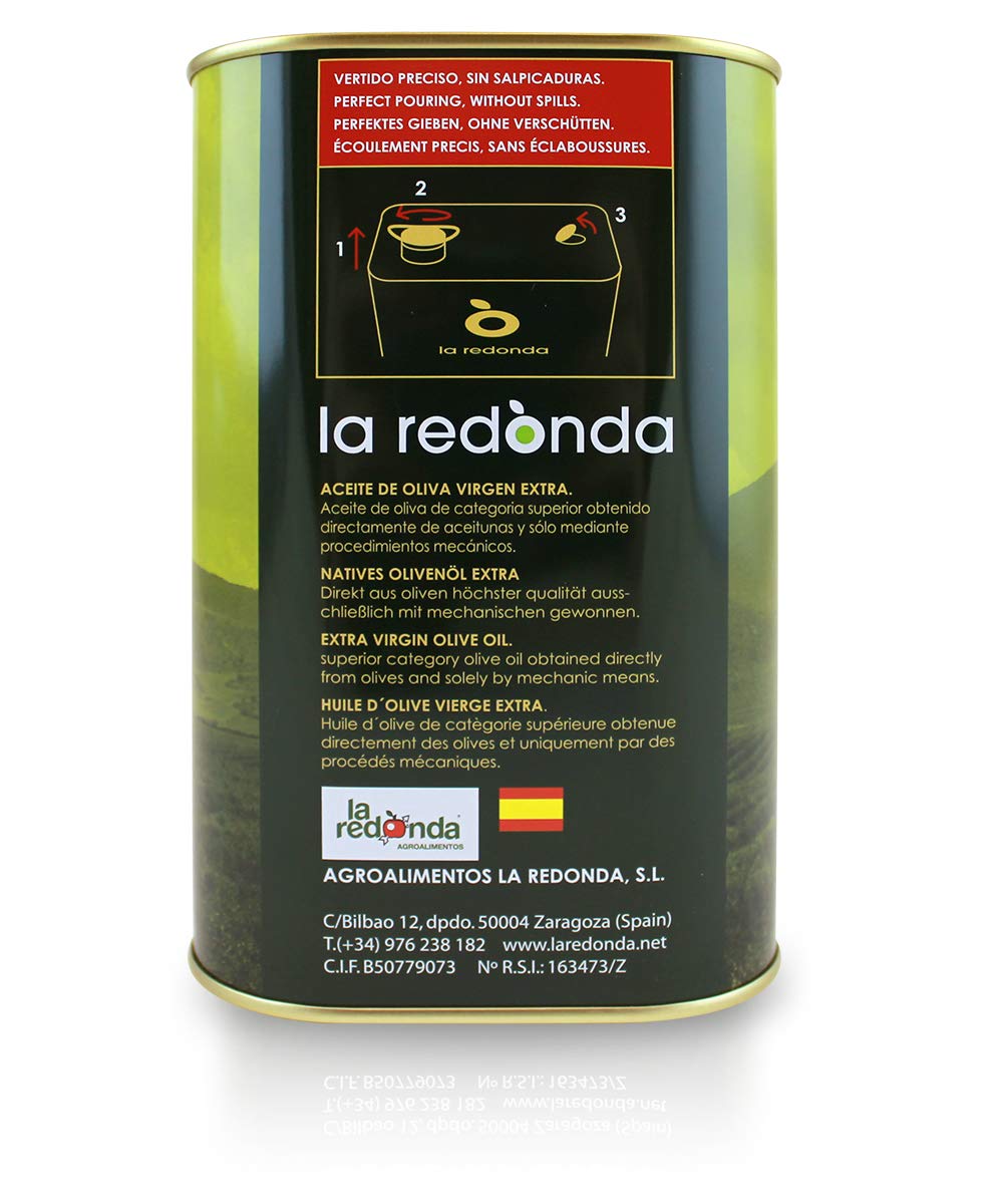 La Redonda - Natives Olivenöl extra aus 100 % Arbequina-Oliven - 2.5L - Blechdose - Frühe Ernte von unserem Landgut in Aragonien - Kaltpressung - Einmalige Pressung - Eigene Ölmühle