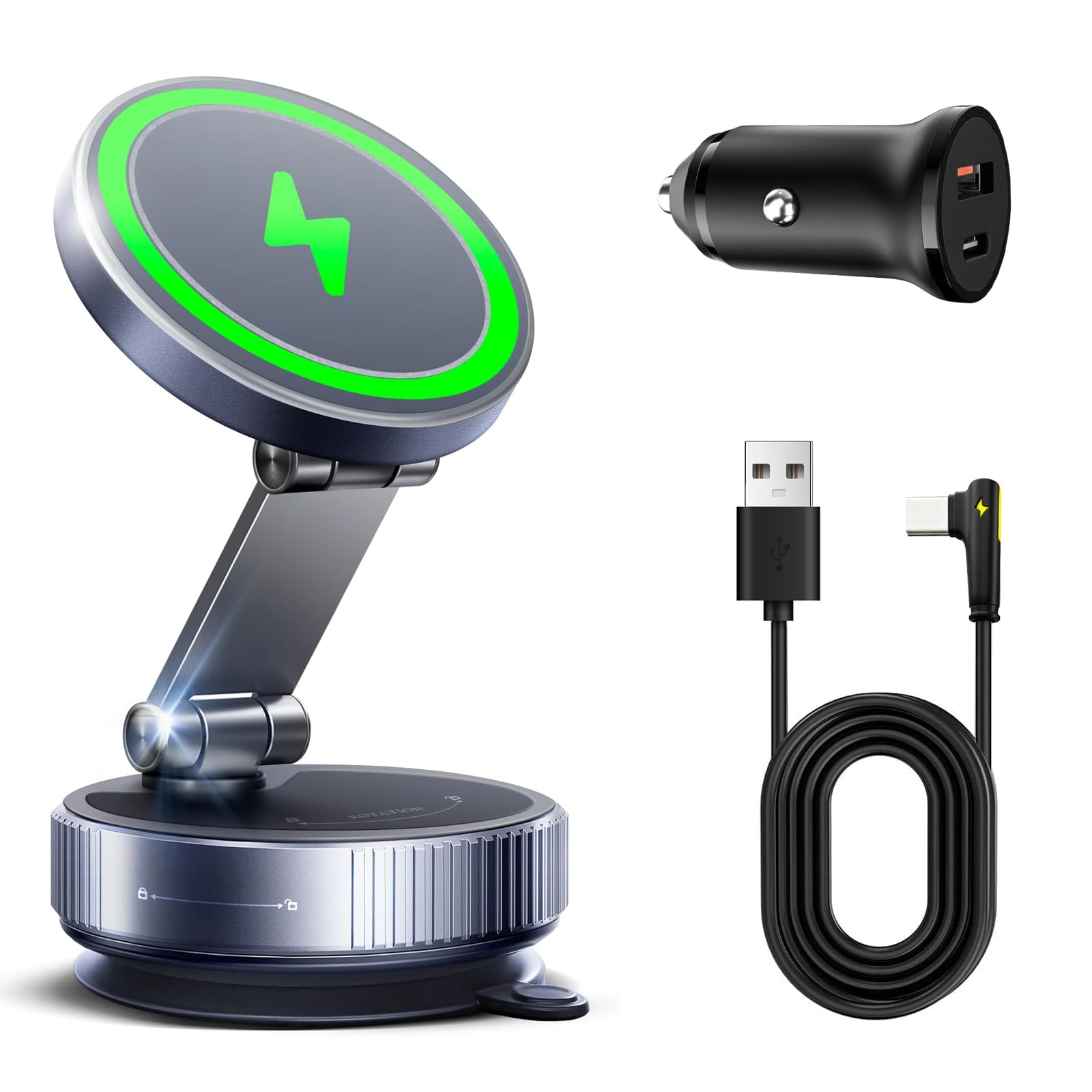 15W Magnetische KFZ Handyhalterung mit Ladefunktion & Kabellosem Schnellladegerät, Autohalterung 360° Drehbar & Faltbar, Vakuum-Saugnapf, Kompatibel mit iPhone 17 16 15 14 & Samsung (Grau)