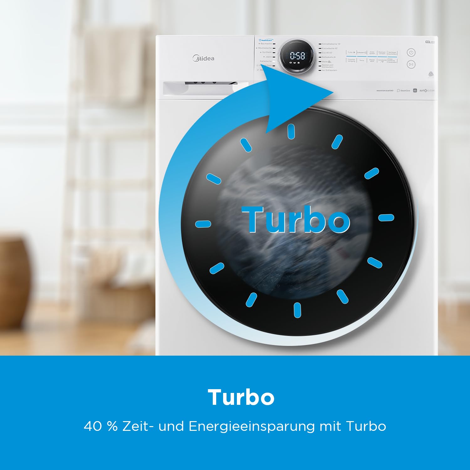 Midea MF200W80WB-14AS Waschmaschine 8KG 48 cm tief Energieeffizienzklasse A Steam Care Nachlegefunktion 1400 U/min Turbo Wash APP-Steuerung AquaStop