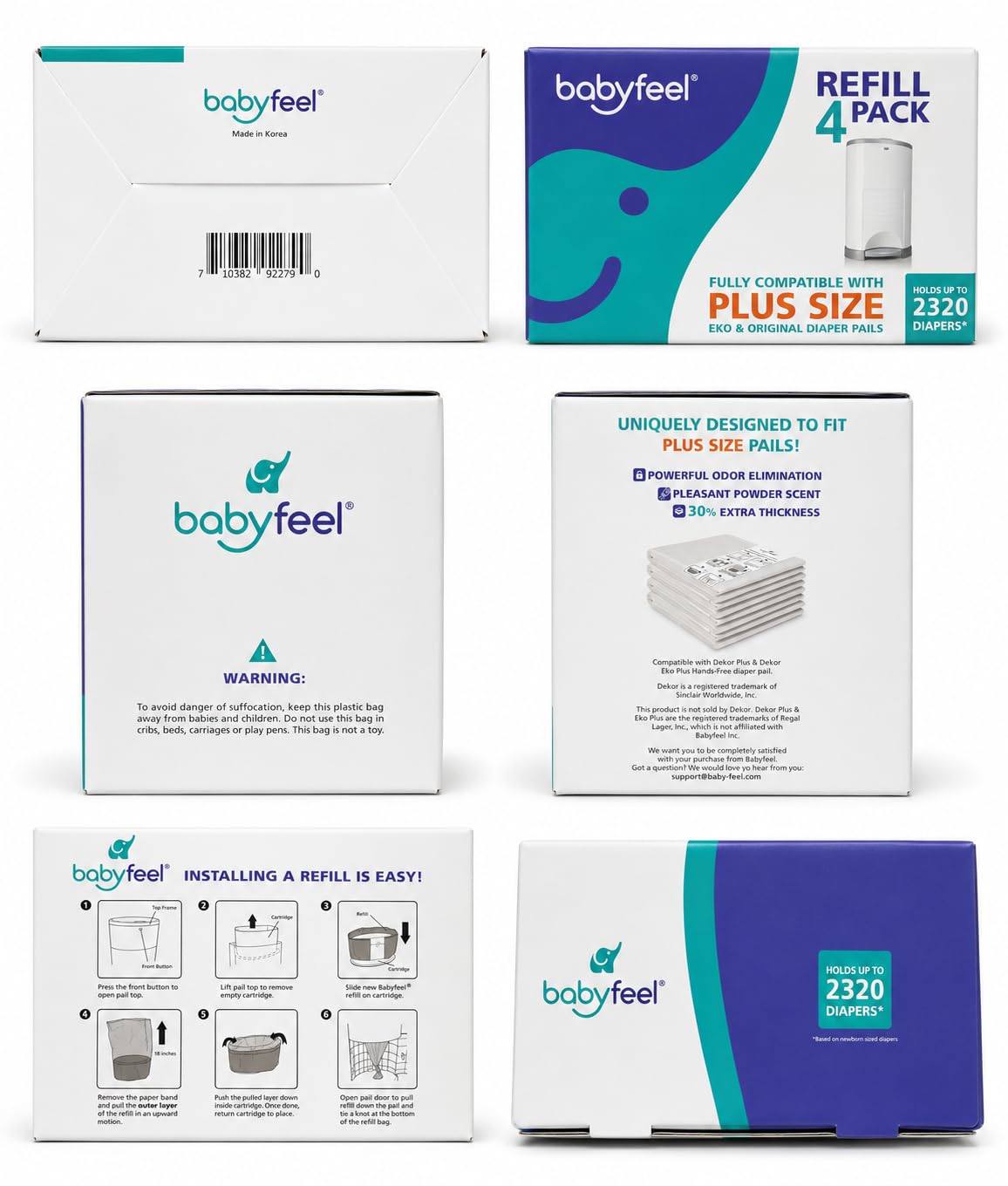 Babyfeel Recambios compatibles con cubos Dekor Plus | Paquete de 4 | Exclusivo 30% Extra Espesor | Aroma a polvos de talco | Potente eliminación de olores | Capacidad para hasta 2320 pañales