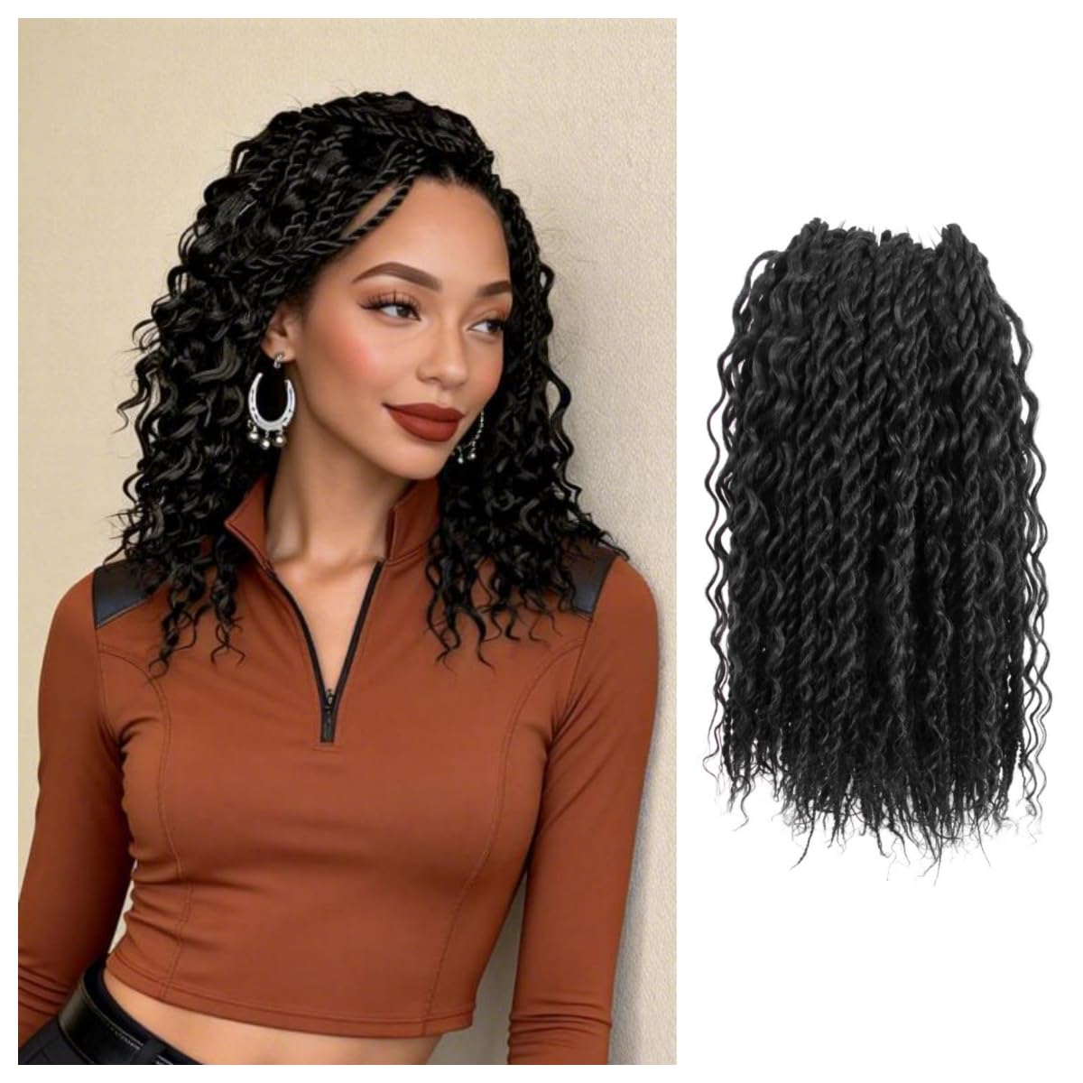 Boho Twist Crochet Hair 14 Inch, 8 Packs Wavy Senegalese Twist Crochet Hair with Curly Ends, Black Pre-Looped Pre-Twisted Island Style Goddess Passion Braids (120 Strands, 1#)