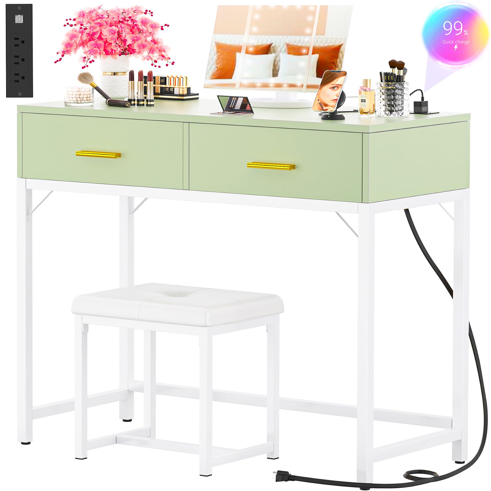 Cyclysio Vanity Desk with Charging Station, Cyan Makeup Vanity with Lighted Mirror, Tri-Fold, 36'' Vanity Set with Drawers, Vanitys with Stool, Cyan