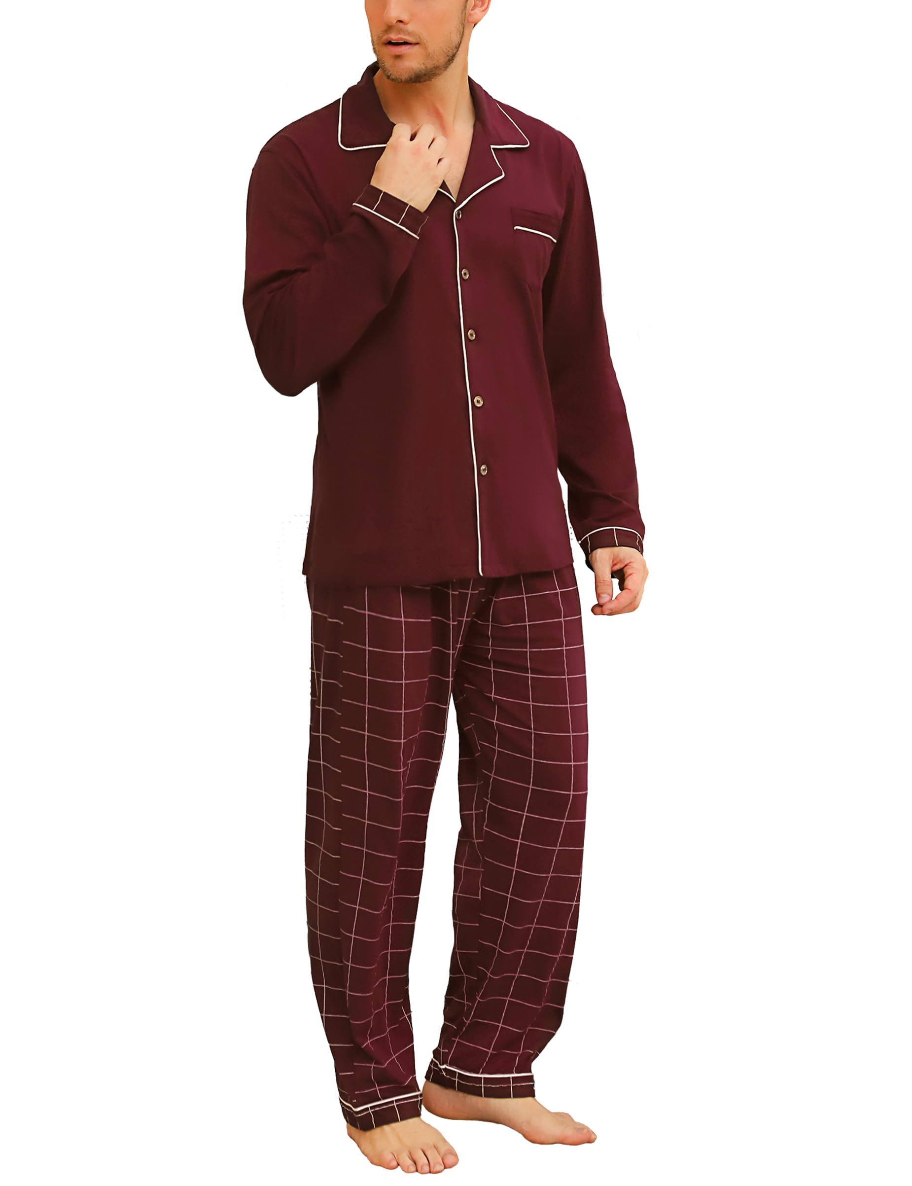 Bresdk Pigiama Uomo Cotone Lungo Invernale Manica Lunga con Bottoni Pigiami Due Pezzi Classico Aperto Davanti Caldo e Morbido