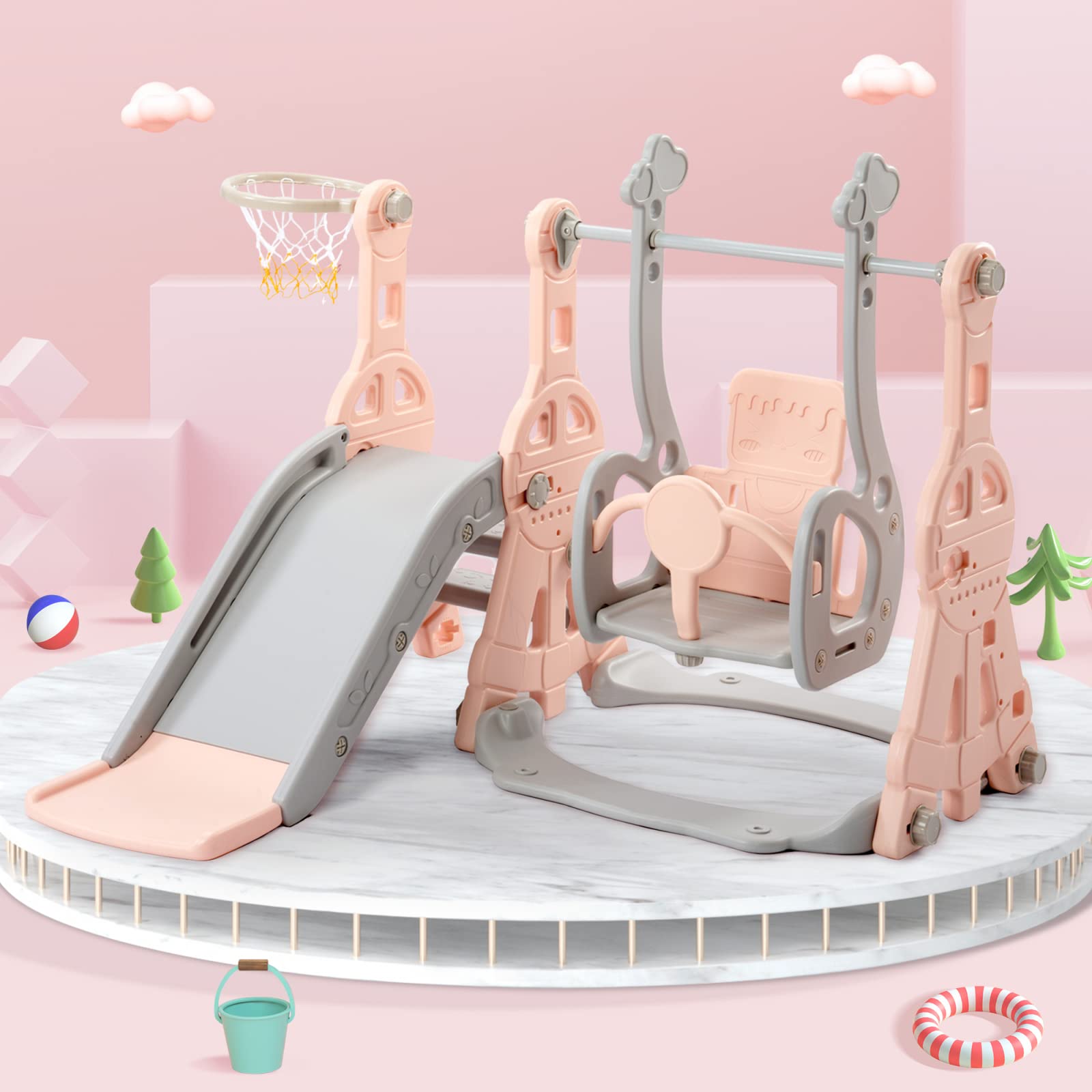 Columpio infantil para interiores con tobogán, 4 en 1, canasta de baloncesto, escalera de escalada, tobogán para niños para interiores y exteriores, juego de tobogán para bebés para exteriores