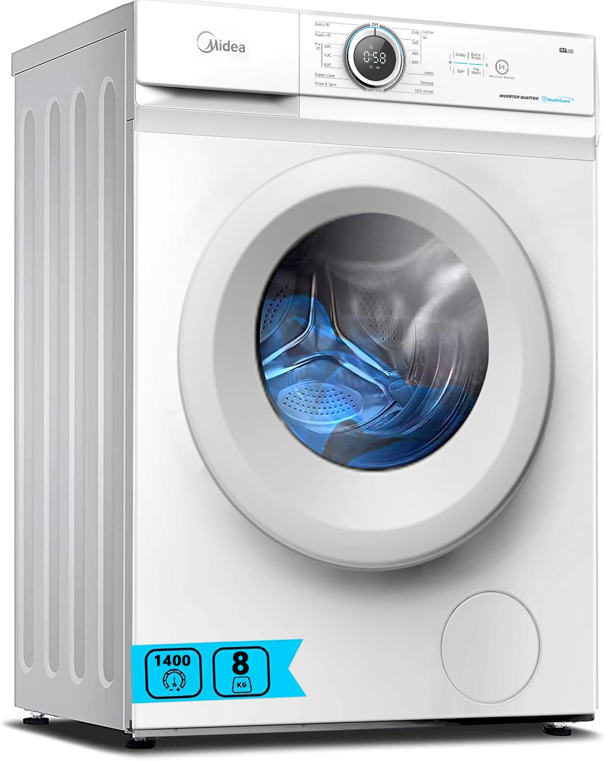 Midea Lavadora Carga Frontal 8kg de 1400 rpm y panel digital - Lavadoras con 15 Programas + Diseño Superior Ultra Slim - Maquina de Lavado de Libre Instalación - Función de Vapor y Modo Eco