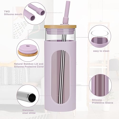 Miniatura 7 de Tronco Vaso de vidrio de 22 onzas con tapa de bambú y pajilla, taza de café helado reutilizable para té Boba, batidos y bebidas frías, vaso de