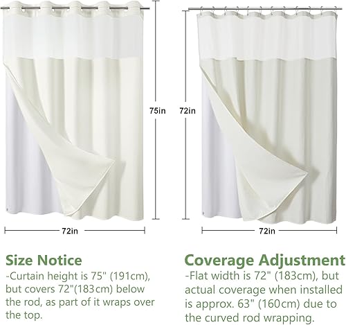 Miniatura 6 de VANZAVANZU Cortina de ducha sin ganchos con parte superior de malla y forro impermeable a presión, tejido de gofre, dobladillo de imanes pesados,