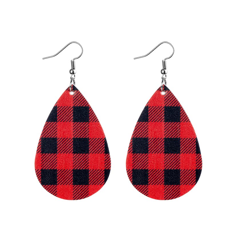 BOFILL Buffalo Plaid Earrings for Women Christmas Red Leather Cute Dangle Lightweight Funny Holiday Outfits Accessories Gifts