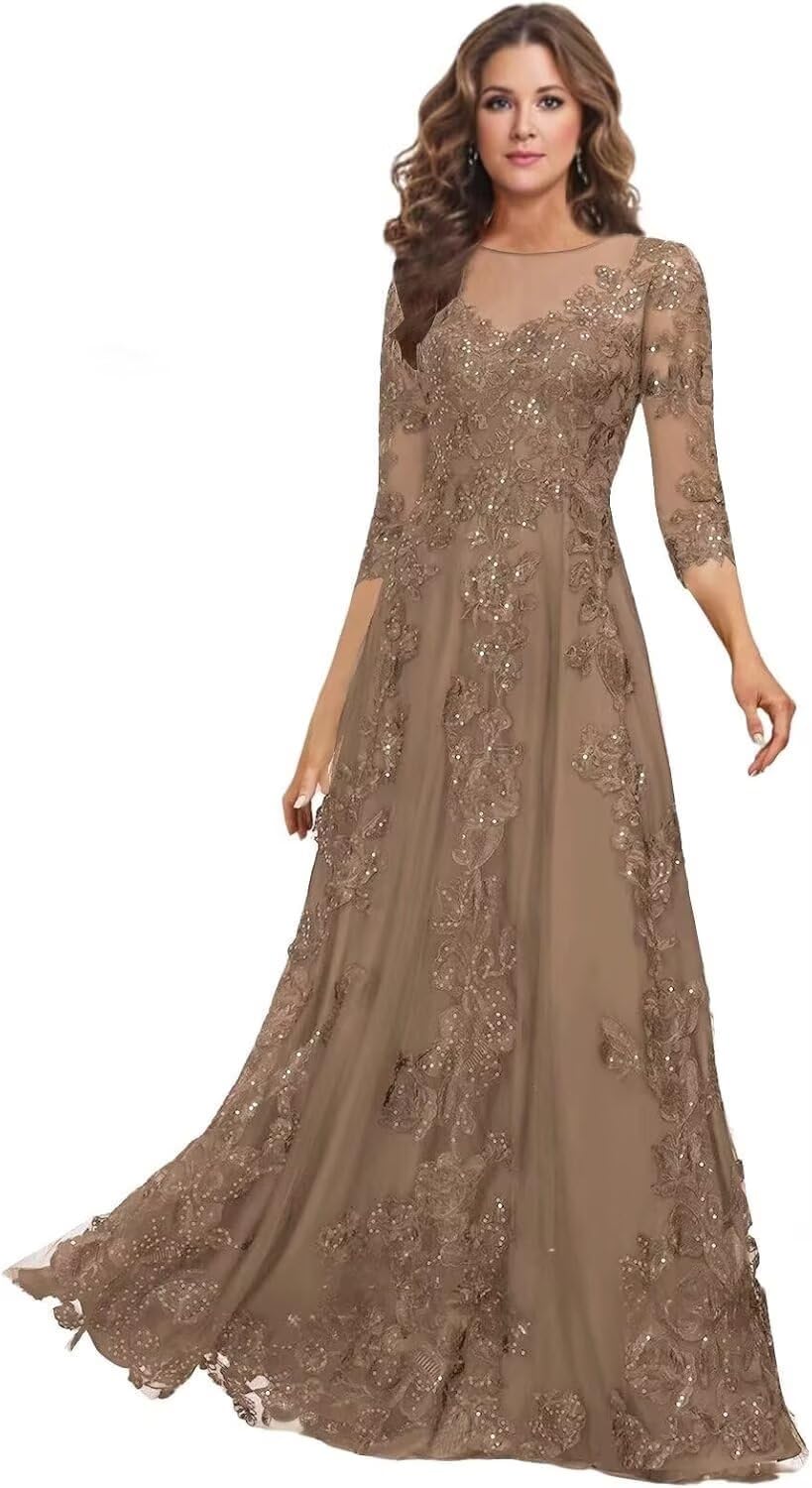 Sequin Lace Mother of The Bride Dresses Long with 3 4 Sleeve Long A Line Beaded Formal Evening