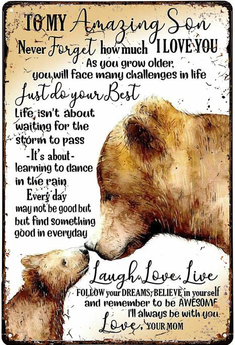 Metal Tin Sign Wall Decor Bear Mom To My Amazing Son I Alway Be With You Love for Plaque Poster Cafe Wall Art Gift 8x12 Inch