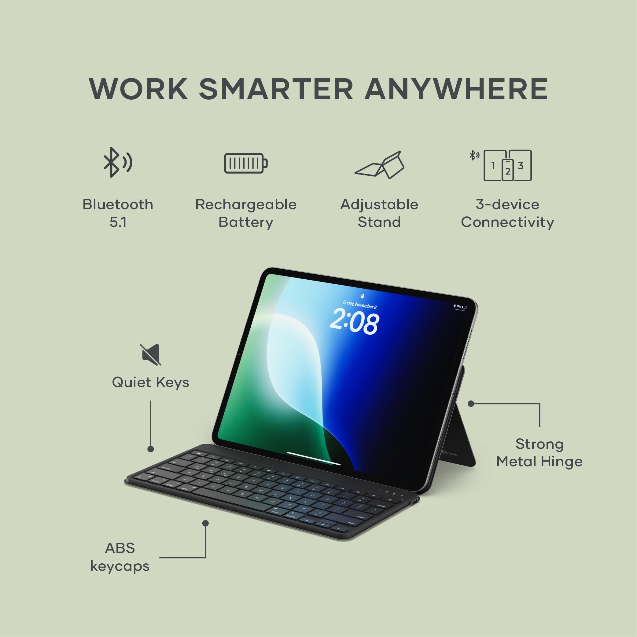 Satechi OntheGo Tastiera Wireless Bluetooth con Supporto, QWERTY US, Nero | Layout Americano, fino a 4 mesi di autonomia, supporto regolabile, fino a 3 dispositivi, per iPad, tablet e laptop