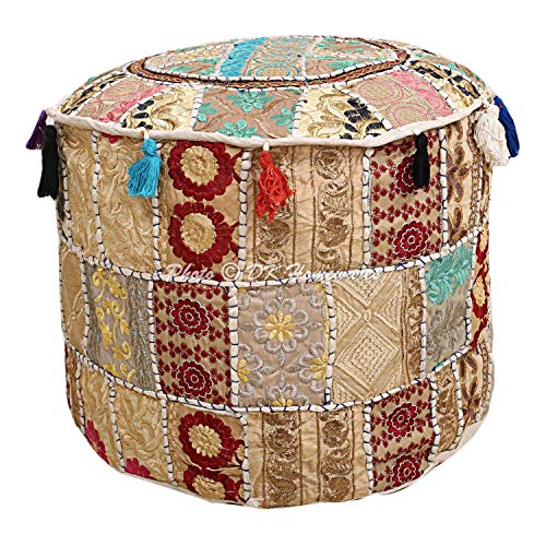 DK Homewares Indian Vintage Patchwork Pouffe Foot Rest White Round Foot Stool Decorative Tuffet Cotton Embroidered Hassock Pouf Ottoman Cover Floral Traditional 22x22x14