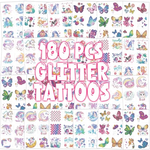 Glitter Temporary Tattoos for Girls - 180 Individually Sheets Mermaid Butterfly Unicorn Tattoo Stickers for Kids, Waterproof Fake Tattoos for Birthday...