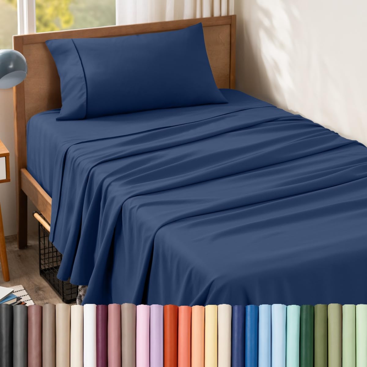 Bare Home Premium 1800 Ultra-Soft Microfiber Collection Twin Sheet Set, Hypoallergenic, Easy Care, Wrinkle Resistant, Deep Pocket (Twin, Dark Blue) โ image 1
