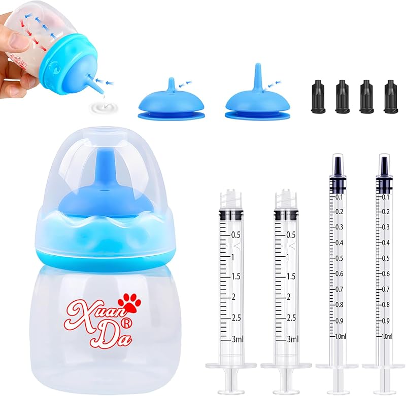 Mamadeira para Amamentação de Gatos e Pequenos Animais Xuanda com Seringas, 60 mL, 6 Bicos em 3 Tamanhos - Azul