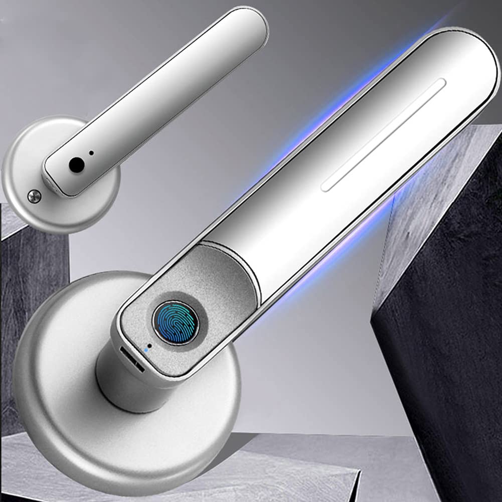 Inteligentny zamek, Blokada drzwi z czytnikiem linii papilarnych Uchwyt USB Akumulator Anti Theft Inteligentny biometryczny dostęp bezkluczykowy Zamek elektroniczny 2 kluczami(Silver)