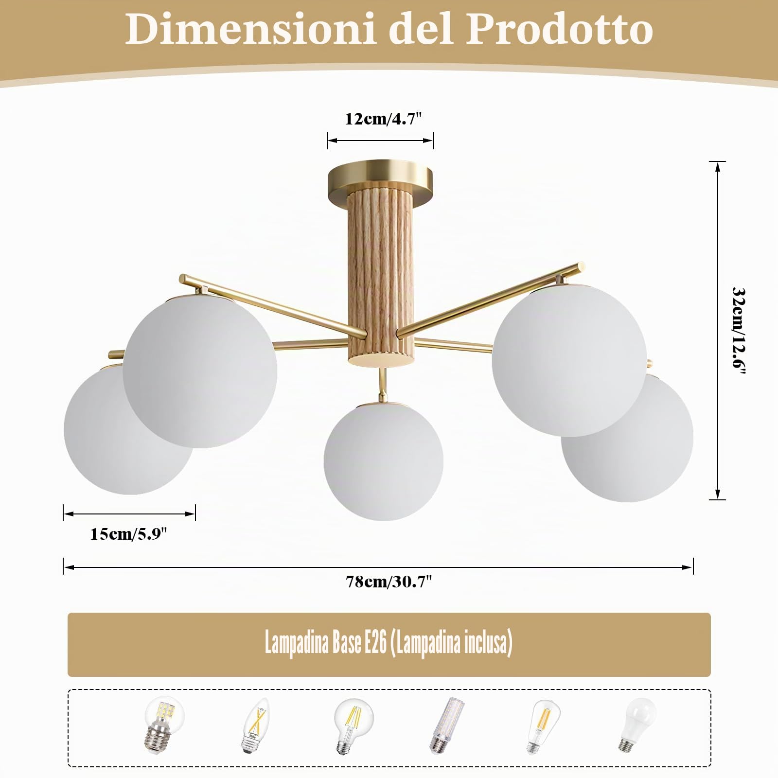 KCO Plafoniera Sputnik 5 Luci Mid-Century Moderna, Globi Vetro Bianco Latte Opaco, Legno Massello e Metallo Dorato, E27 Lampadine Incluse, Cucina Camera Soggiorno