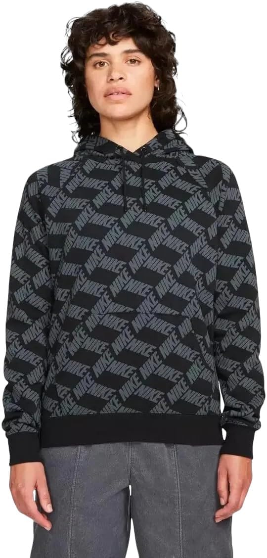 Nike Women's Sportswear Gel Essentials Printed Fleece Pullover Hoodie (as1, alpha, m, regular, regular) Black