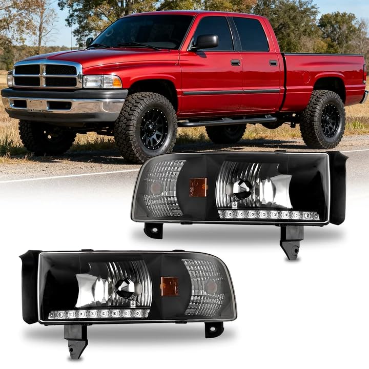 ROXX DRL Headlight Assembly Compatible with 1994-2002 Dodge Ram 1500 2500 3500, 1995-2002 Dodge Ram 4000, Headlights w/Amber Reflector, High Low Beam,