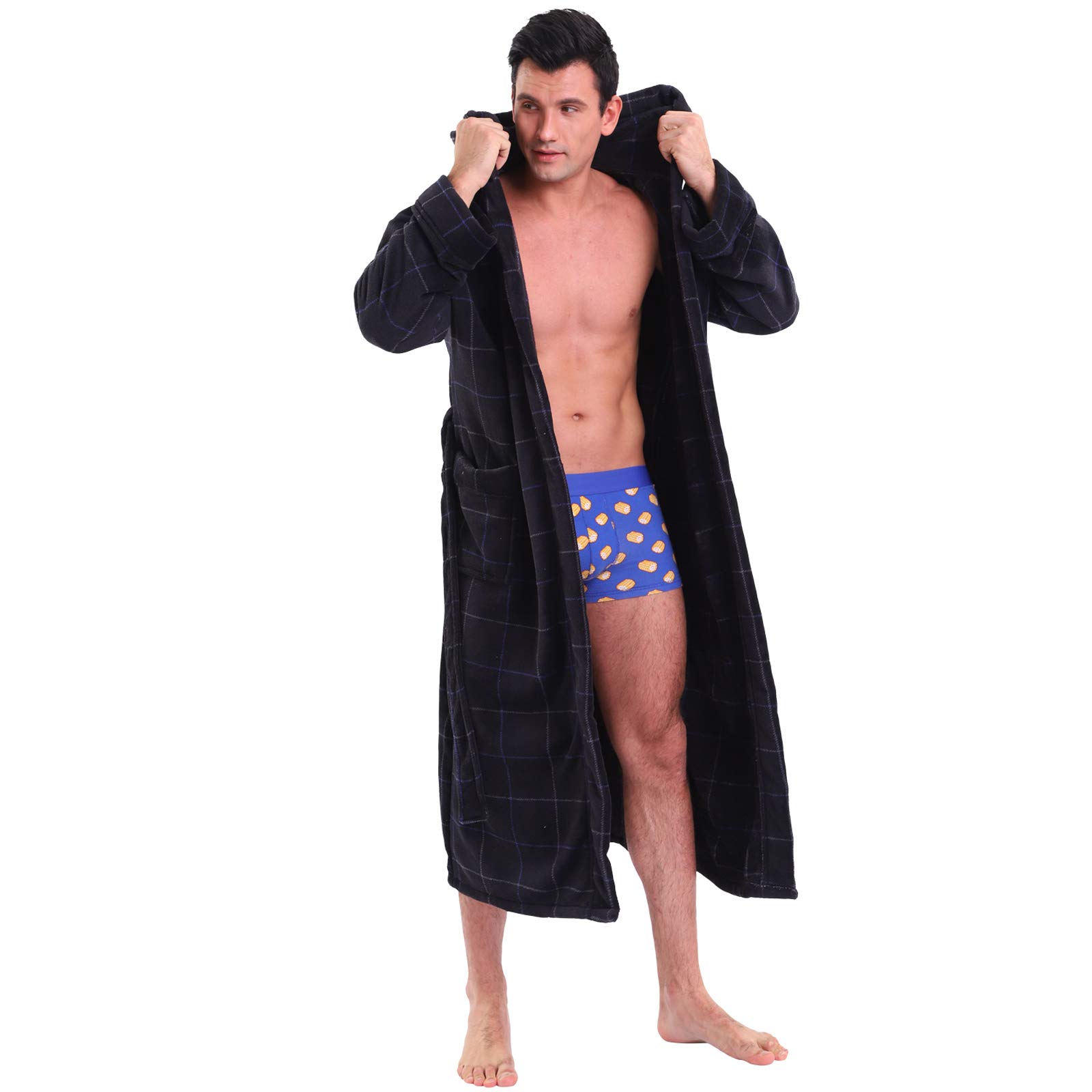 Hooded Herringbone Men's Dark Grey Soft Spa Long Bathrobe with Blue Strip,Comfy Full Length Warm Nightdress