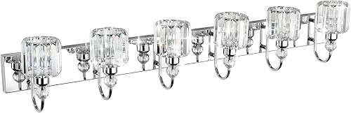 Miniatura 2 de Ralbay 6 luces de cristal de acero inoxidable para tocador de baño, espejo largo, accesorios de iluminación modernos de cristal para baño