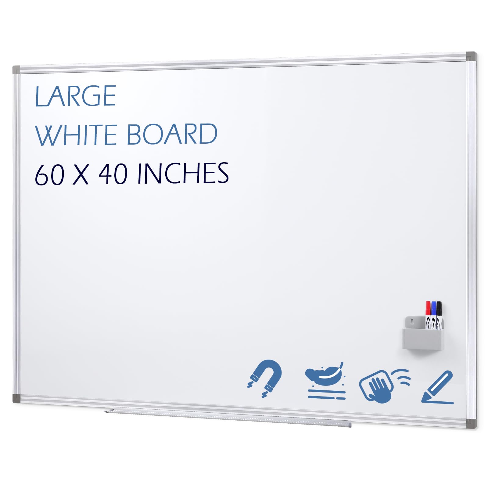 Dry Erase Board 60" x 40" Aluminum Presentation Magnetic Whiteboard with Long Pen Tray, Wall Mounted White Board for School, Office and Home