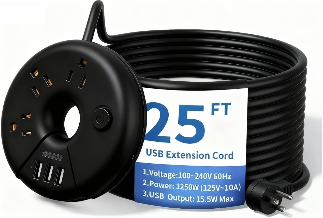 Extra Long Extension Cord 25 Ft, NTONPOWER Flat Plug Power Strip with 3 Outlets 3 USB Ports, Compact Desktop Charging Station with Switch for Home, Office, TV, Nightstand, Dorm Room Essentials, Black