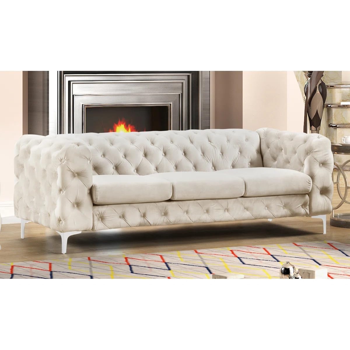 Upholstered 3 Seater Sofa for Living Room, Hotels & Office | Modern Comfortable Fabric Sofa with Solid Wood Frame (Beige Velvet)-image-28