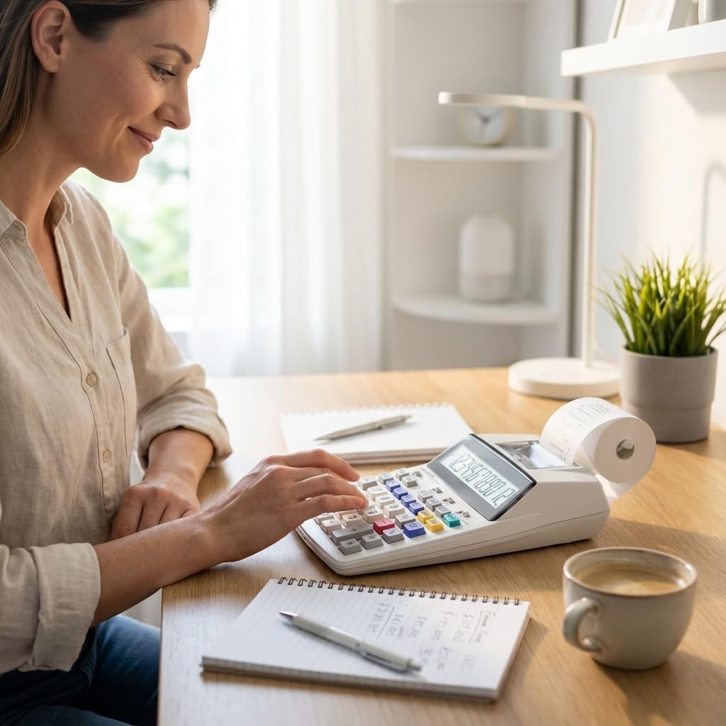 A person's hands operating the Sharp SH-EL1750V Printing Calculator on a desk.
