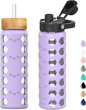MUKOKO Glass Water Bottle, 24oz, Purple