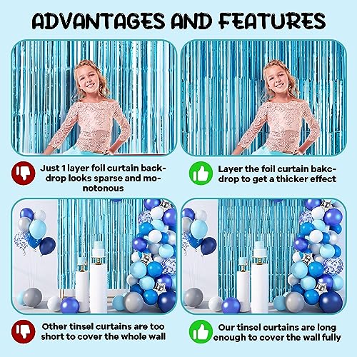 Image of Voircoloria 4 Pack 3.3x8.2 Feet Light Blue Foil Fringe Backdrop Curtains, Tinsel Streamers Birthday Party Decorations, Fringe Backdrop for Graduation, Baby Shower, Gender Reveal, Disco Party