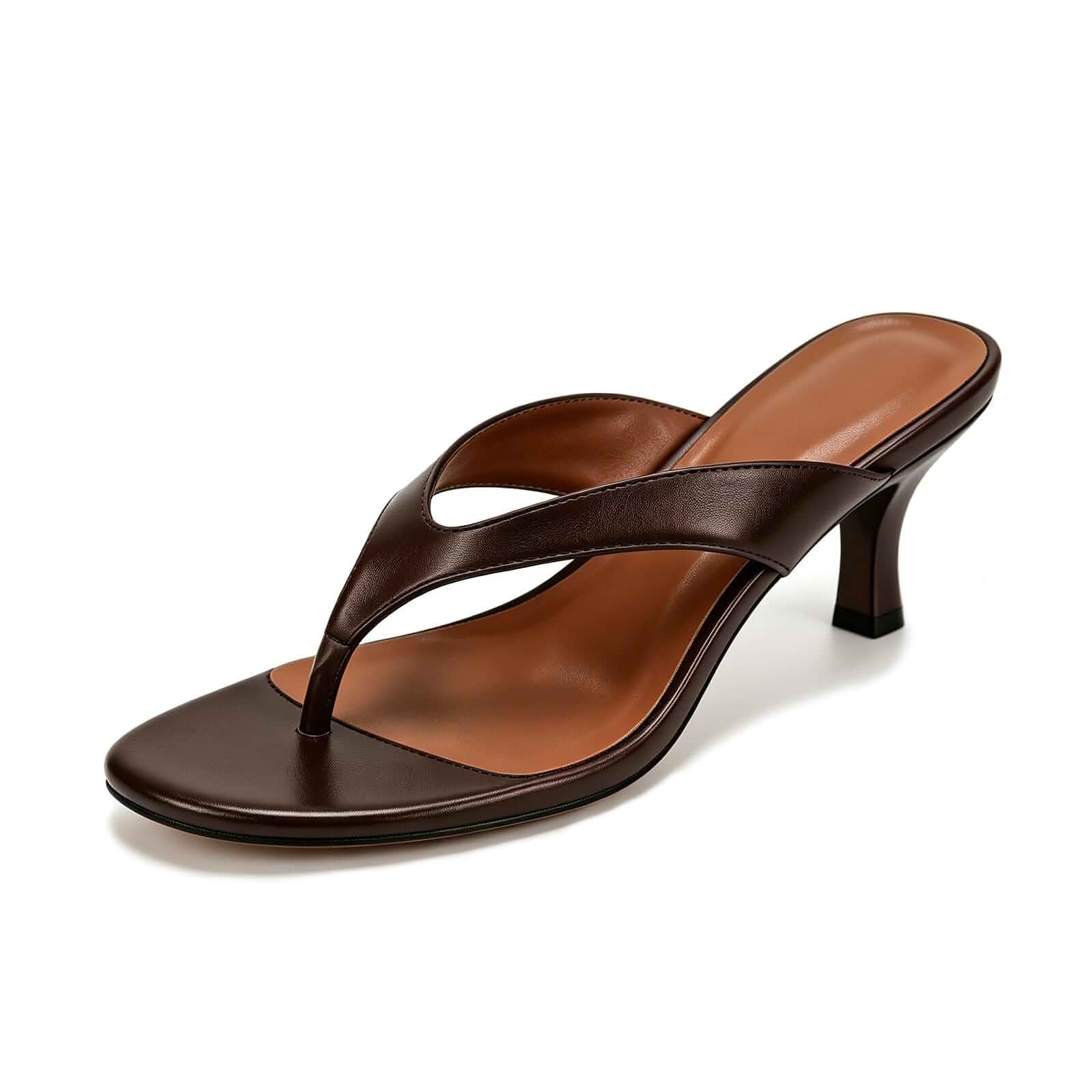 Women'S Leather Kitten Heel Flip Flops Minimalism Round Open Toe Thong Strap High Heel Slide Sandals Summer Prom Party Heeled Dress Sandals