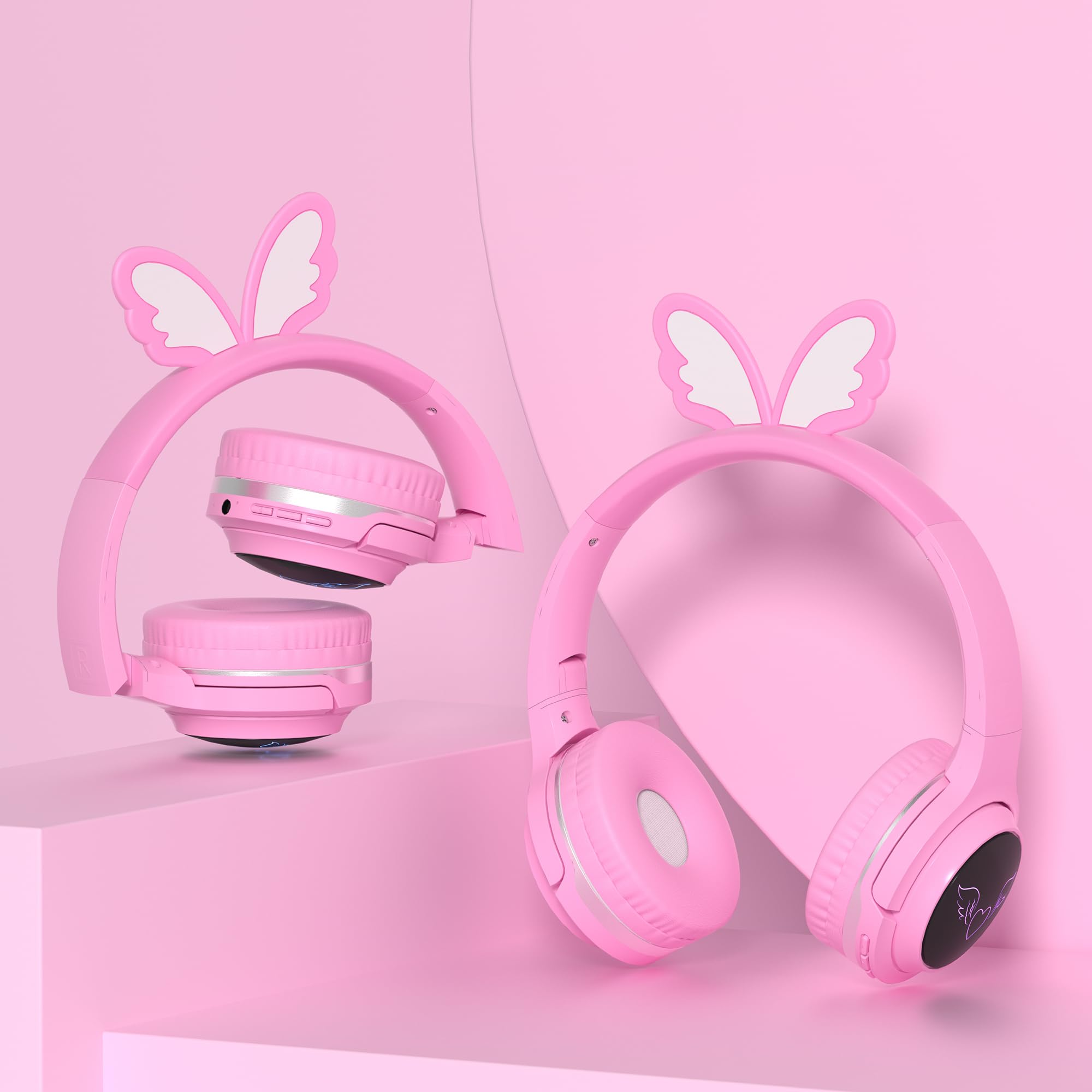 Cuffie wireless per bambini, volume limitato 85 dB, luci LED, batteria 40H, farfalla rosa