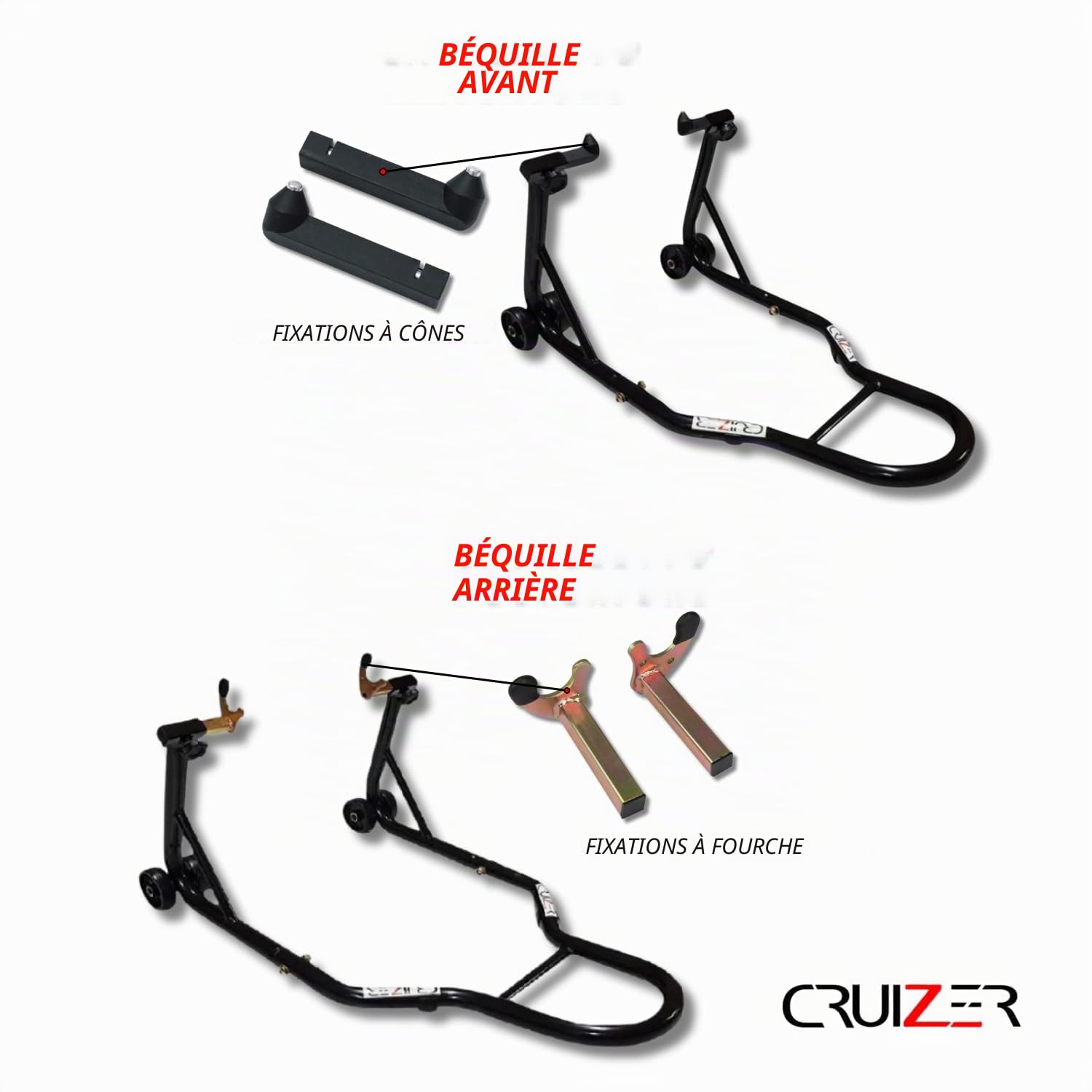 Cruizer Lot de crics lève-moto universels avec attaches à cônes à l’avant et à fourches à l’arrière, roues sous-jacentes et barres de renfort latérales