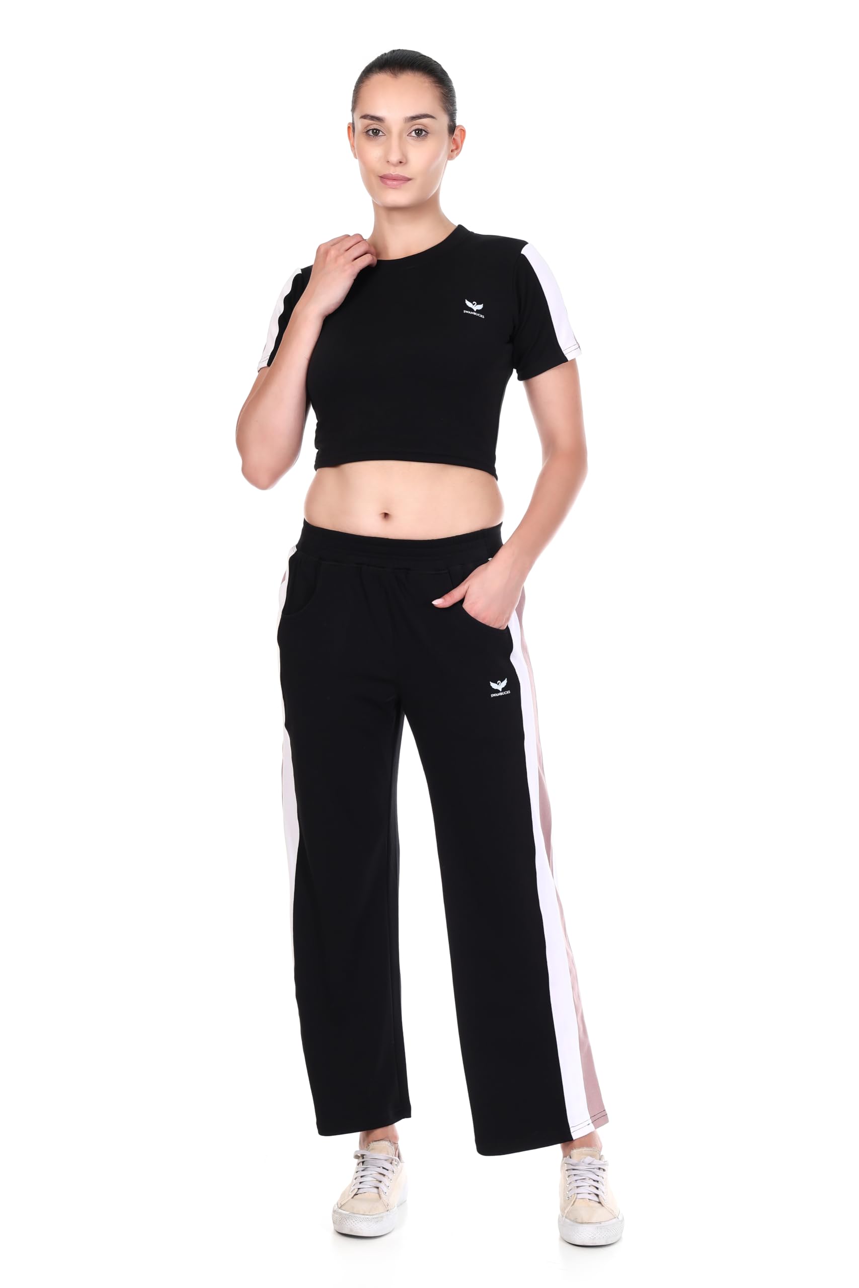Women's Black Crop Top and Wide-Leg Tracksuit Set-image-29