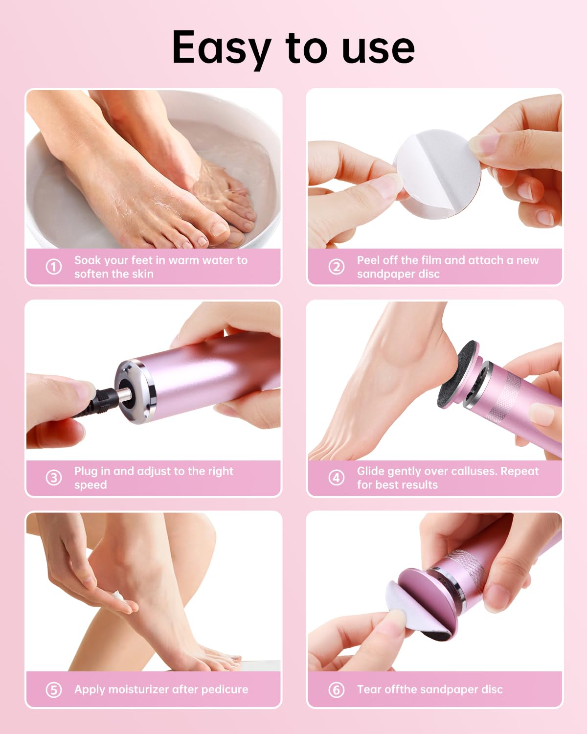 Electric Foot Callus Remover, Upgrade Electric Foot File Callus Remover for Feet, Adjustable Speed Foot File with 60 Pcs Sandpaper Discs, Foot Scrubber for Cracked, or Tough Skin and Calluses, Pink 4