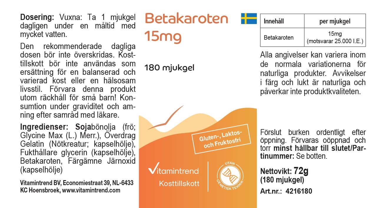 Vitamintrend Beta-karoten 15mg, 180 kapsułek po 15mg (odpowiada 25 000 j.m.), wysoka dawka, bez stearynianu magnezu, wyprodukowane w Niemczech.