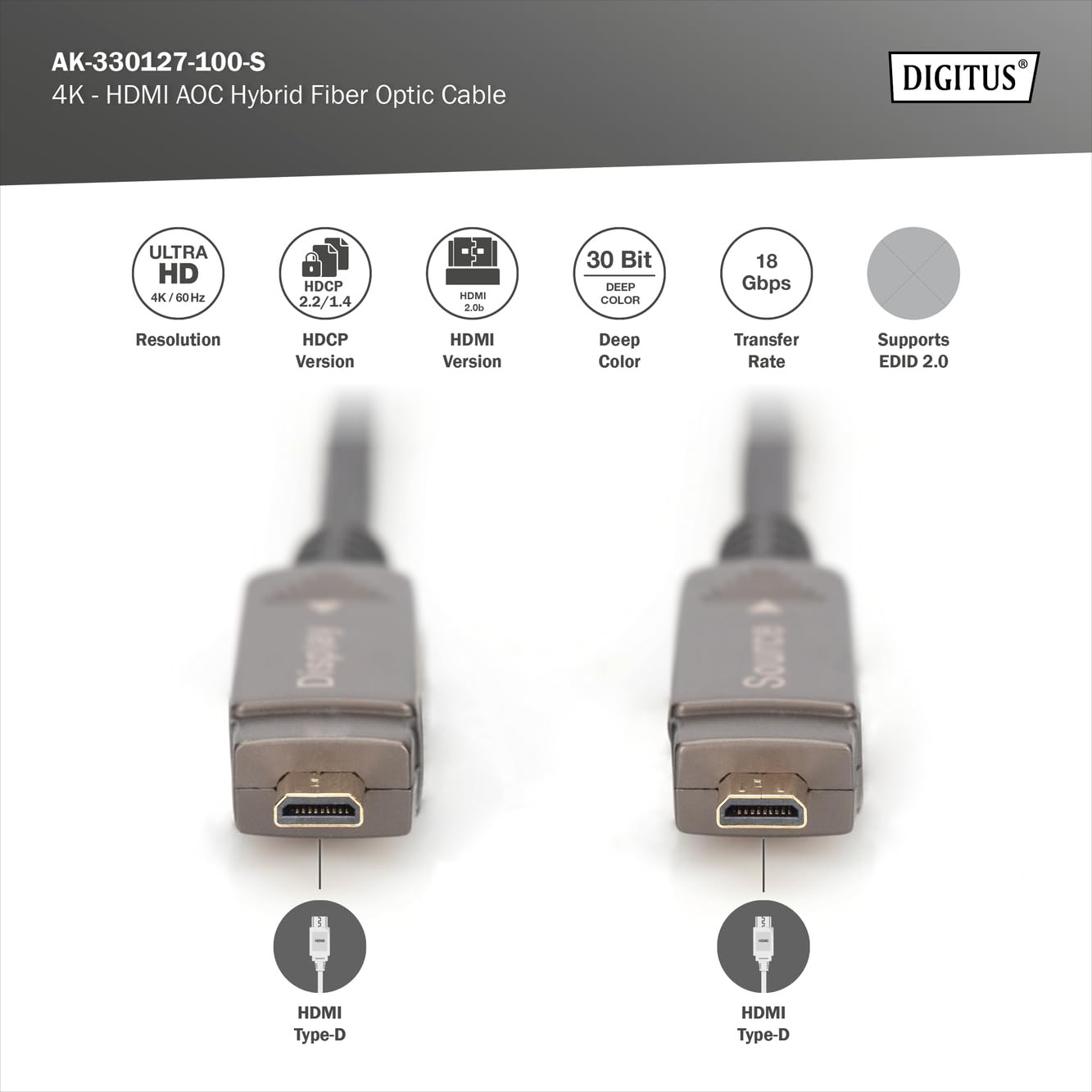 DIGITUS HDMI AOC Fiber Optic Cable - HDMI 2.0b - 4k/60Hz - Removable connectors - Gold-Plated Contacts - 10 m - Black