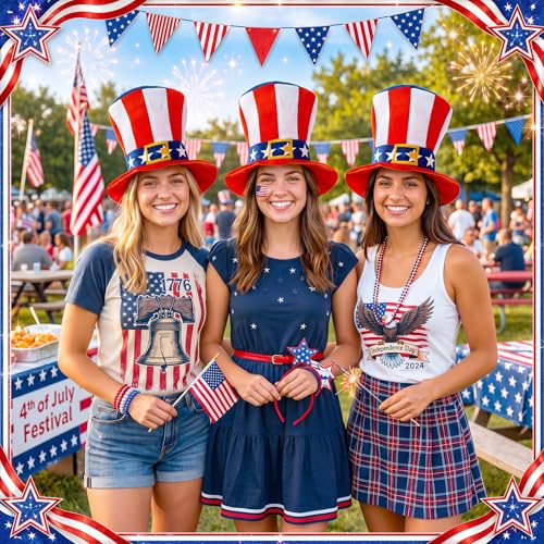 Image of Shyyween 12 /24 Pcs American Flag Plastic Hats Patriotic 4th of July Cowboy Hats White Blue Red Caps for Independence Day
