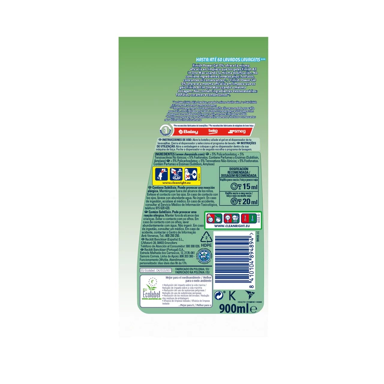 Geschirrspülmittel 60 Anwendungen 900 ml. 4er-Pack