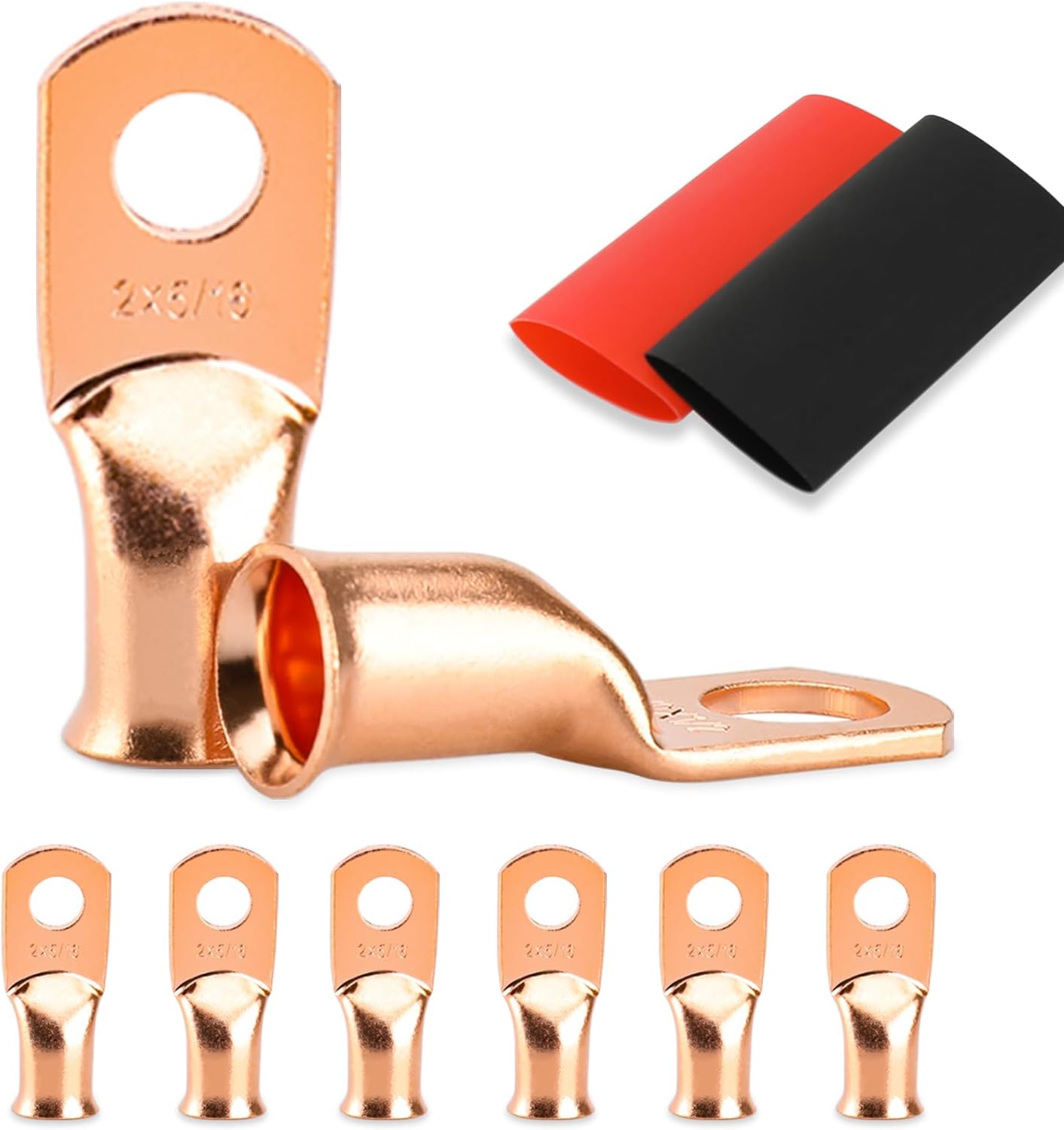 Battery Cable Ends, 8PCS 2 Gauge Wire Connectors 5/16 Copper Wire Lugs, Bare Copper Eyelets with Heat Shrink Tubing