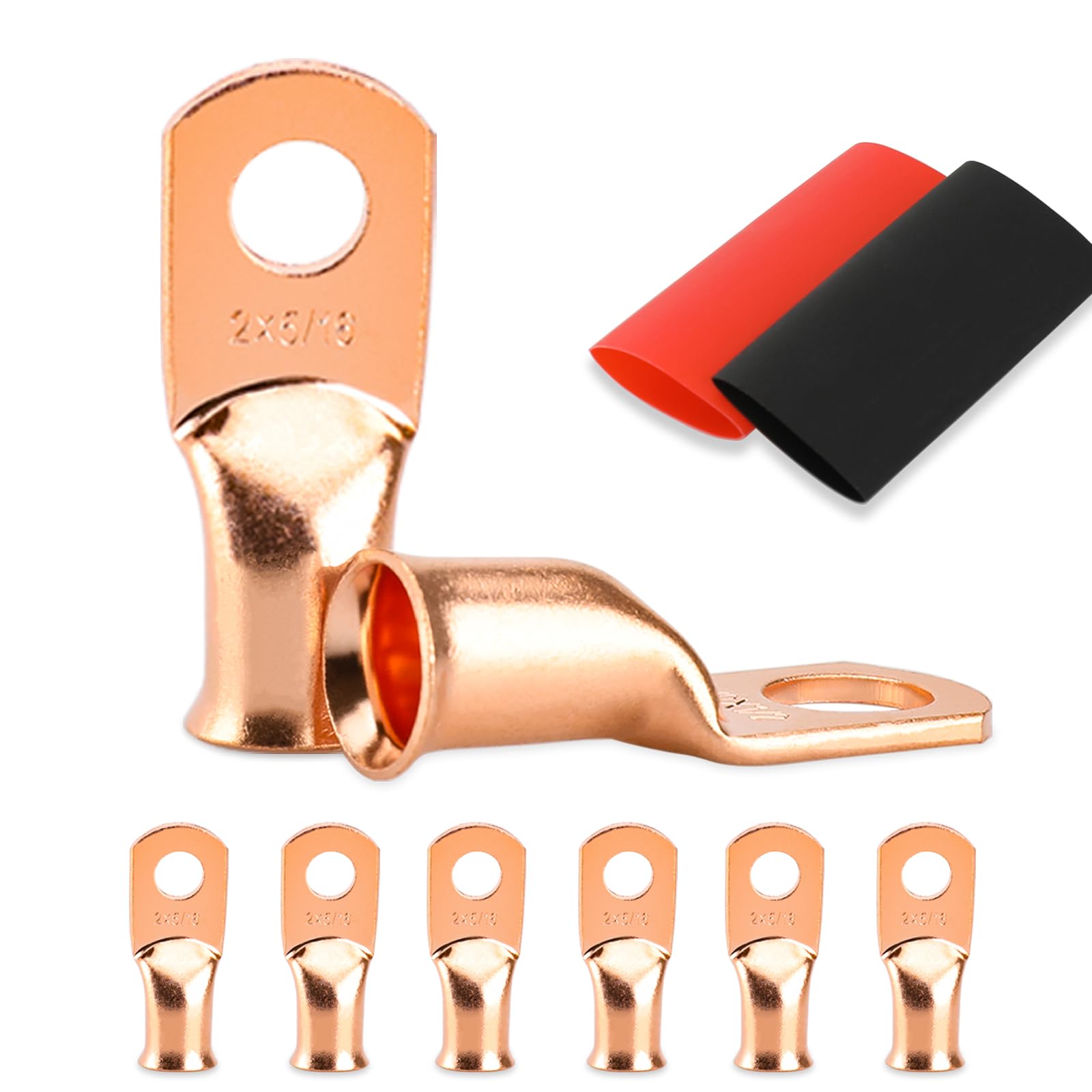 Battery Cable Ends, 8PCS 2 Gauge Wire Connectors 5/16 Copper Wire Lugs, Bare Copper Eyelets with Heat Shrink Tubing